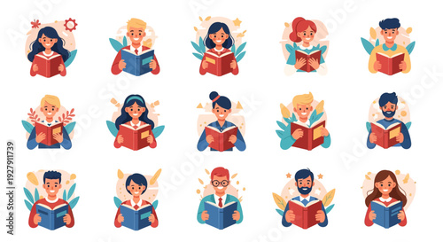 Happy Diverse People Reading Books Vector Set. Cheerful men and women enjoying literature, studying, and learning. Modern flat design for education and knowledge.