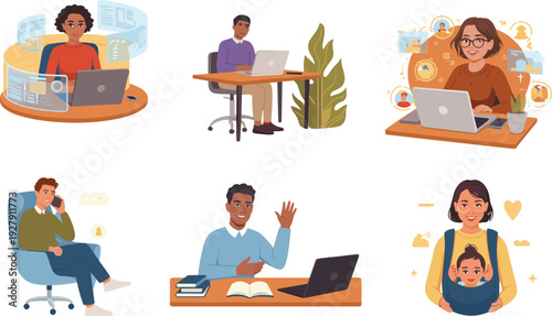 People using laptops and smartphones set, remote work online communication learning concept, digital lifestyle icons, flat vector illustration