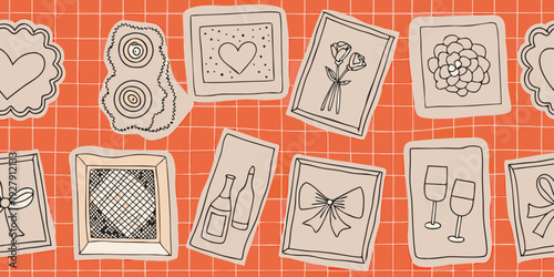 Stylized drawings of framed images arranged on a repeating orange grid pattern background