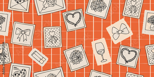 Repeating pattern featuring hand drawn illustrations of romantic gifts and decorative elements on orange grid background