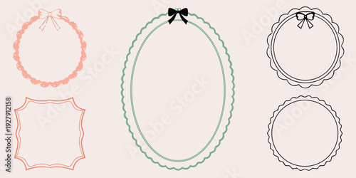 Decorative oval and scalloped frames with bows and ribbons in a minimalist design style