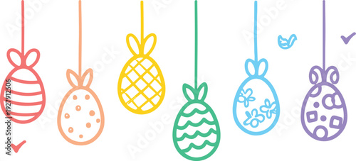 Colorful easter eggs hanging with ribbons and decorative patterns on white background