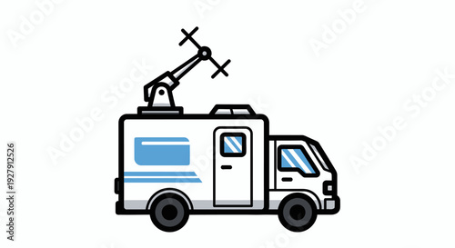 White mobile broadcast television news van with satellite dish on white background.