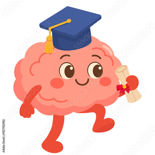 Cartoon Illustration of a Brain Character Graduating Wearing a Cap and Holding a Diploma