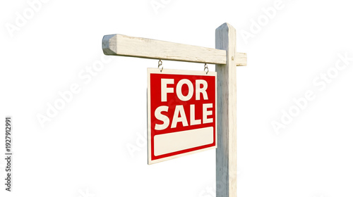Red For Sale Sign on Front Lawn of Modern Luxury Suburban House Real Estate Market Concept