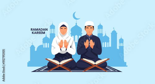 Ramadan Kareem: Muslim Man and Woman Praying with Quran - Islamic Holy Month Celebration Illustration