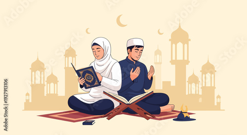 Muslim Couple Praying and Reading Holy Quran. Islamic family devotion, man and woman practicing faith during Ramadan or Eid with mosque background.