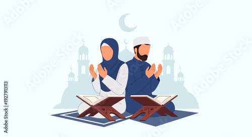 Muslim Couple Praying and Reading Holy Quran. Islamic Man and Woman on Prayer Mats with Mosque and Crescent Moon Background. Ramadan Kareem Concept.