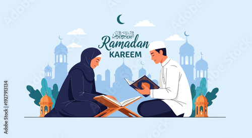 Ramadan Kareem Illustration: Muslim Couple Reading Quran with Mosque Background, Celebrating Islamic Holy Month of Fasting and Prayer