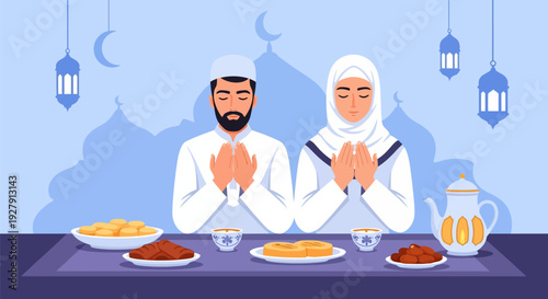 Muslim Couple Praying Before Iftar Meal During Ramadan. Islamic Celebration with Traditional Food, Lanterns & Mosque Background.
