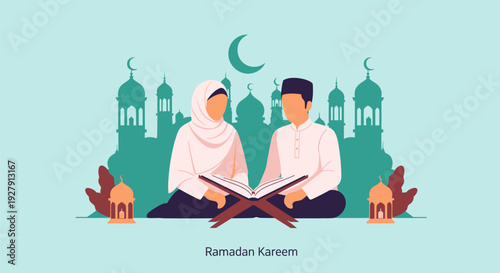 Ramadan Kareem: Muslim Couple Reading Quran. Islamic Prayer & Worship with Mosque, Crescent Moon, and Lanterns. Holy Book Study during Festive Month.