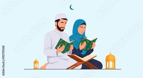 Devoted Muslim Couple Reading Holy Quran: Islamic Family Studying Sacred Scripture, Ramadan & Religious Education Illustration