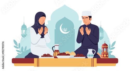 Muslim Couple Praying for Ramadan Iftar. Flat Vector Illustration of Family Supplicating Before Breaking Fast with Dates & Traditional Food.