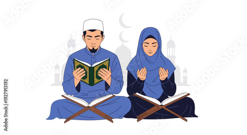 Muslim Couple Reading Quran and Praying. Islamic man and woman observing religious traditions, ideal for Ramadan, Eid, and spiritual themes.