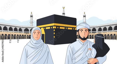 Muslim Family on Hajj or Umrah Pilgrimage in Mecca, Kaaba and Grand Mosque Background. Islamic Ritual Journey Illustration.