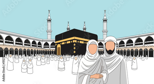 Islamic Pilgrims Performing Hajj or Umrah at Kaaba in Mecca - Flat Vector Illustration of Holy Site & Spirituality