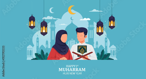 Happy Muharram: Muslim Couple Celebrating Hijri New Year with Quran, Mosque, and Lanterns Illustration