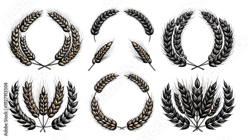 Wheat grain and barley icon set with laurel wreaths cereal crops and agriculture symbols isolated black vector illustration