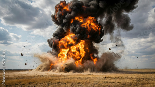 Large Fireball Explosion with Thick Black Smoke and Debris in Open Field under Cloudy Sky