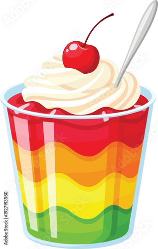 Colorful rainbow layered dessert in a clear cup with whipped cream and cherry layers
