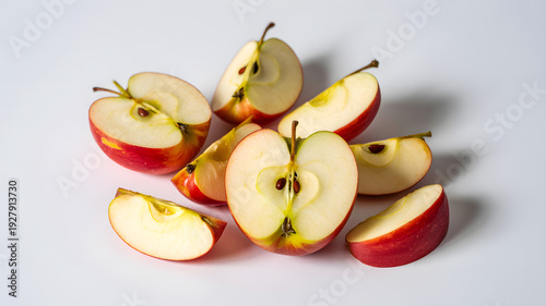 A pile of sliced red apples on a white surface