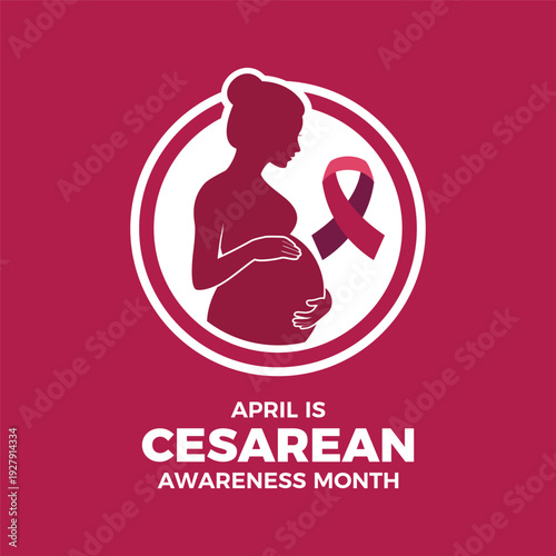 April is Cesarean Awareness Month poster vector illustration. Silhouette of pregnant woman and burgundy awareness ribbon icon. C-section symbol. Template for background, banner, card