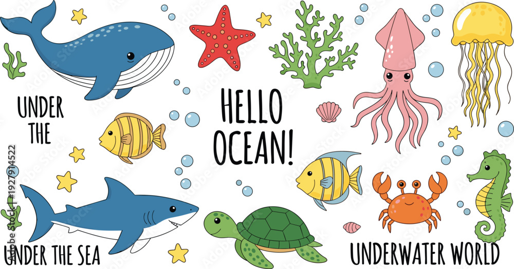 Fototapeta premium Hello Ocean Underwater World Collection with Whale, Shark, Jellyfish, Turtle, Coral and Sea Animals Vector Illustration Set