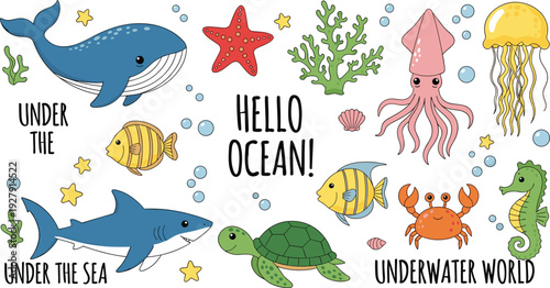 Hello Ocean Underwater World Collection with Whale, Shark, Jellyfish, Turtle, Coral and Sea Animals Vector Illustration Set
