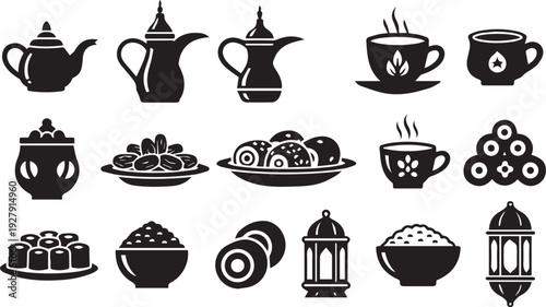 Ramadan Kareem Iftar Hospitality Icon Set - Arabic Teapots, Traditional Coffee Cups, Dates, and Islamic Sweets Solid Black Vector Symbols