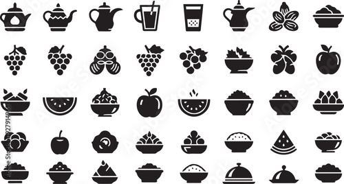 Ramadan Iftar Food and Fruit Icon Set - Islamic Fasting Meal Symbols with Arabic Teapots, Dates, Grapes, and Watermelon Solid Black Vector