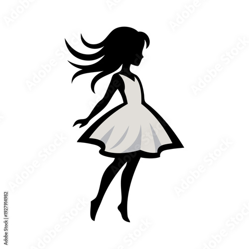 Logotipo de boutique de moda femenina. Dibujo sencillo con líneas de una chica joven de pie con un vestido color gris, vista de perfil 