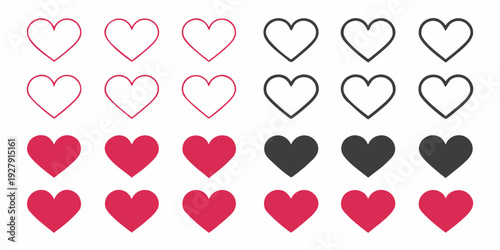 A progression of heart shapes varying in color and intensity