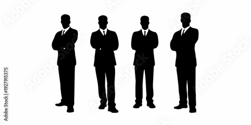 Four silhouetted businessmen standing with arms crossed in a row