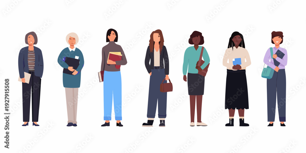 Fototapeta premium Diverse group of professional women standing in a row holding items