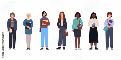 Diverse group of professional women standing in a row holding items