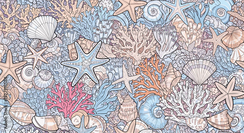 A detailed and colorful seamless pattern of a coral reef floor, filled with seashells, starfish, and corals in a vintage style.
