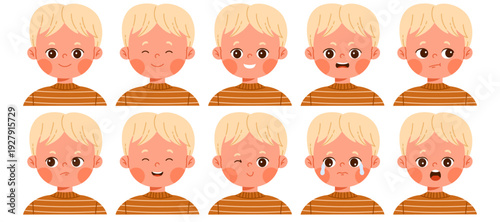 Set of cute blond boy character with different facial expressions. Child avatar with various emotions as happy, sad, surprised, angry, confused and smiling. Isolated vector illustration