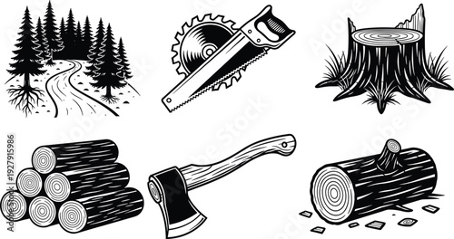 Forestry and logging vector illustration set featuring pine forest path, saw blade, tree stump, stacked logs, axe, and cut timber elements