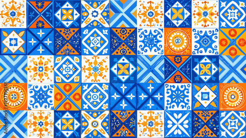 Intricate pattern of blue and orange decorative ceramic tiles