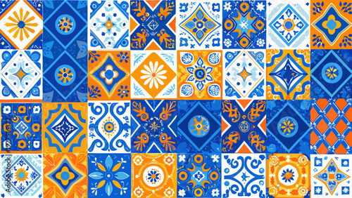 A vibrant pattern of blue and orange decorative ceramic tiles