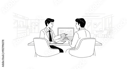 Two Men Discussing at Desk.