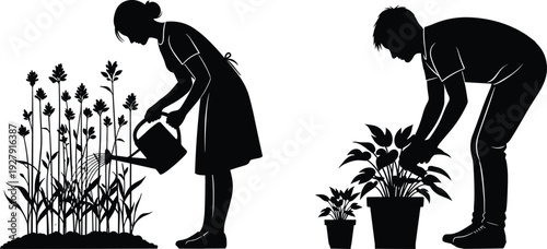 Gardening activity silhouettes with woman watering plants and man caring for potted flowers, home gardening concept, nature lifestyle illustration isolated on white background