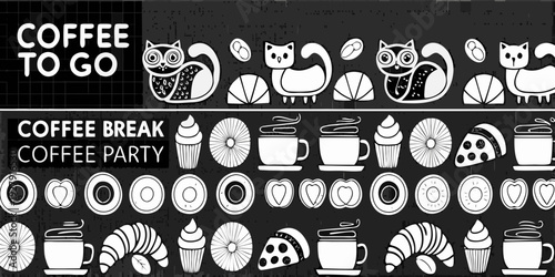 Coffee to go break and party themed doodles in black and white