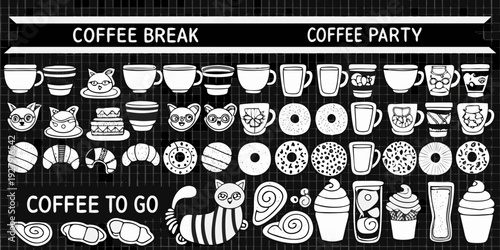 Black and white illustration of coffee cups donuts and breakfast pastries