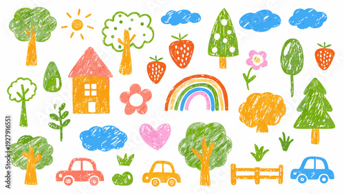 Colorful crayon drawing of a whimsical landscape with nature and objects