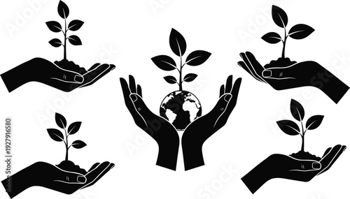 Hands holding young plant and globe silhouettes, environmental protection and sustainability concept, eco care vector illustration set isolated on white