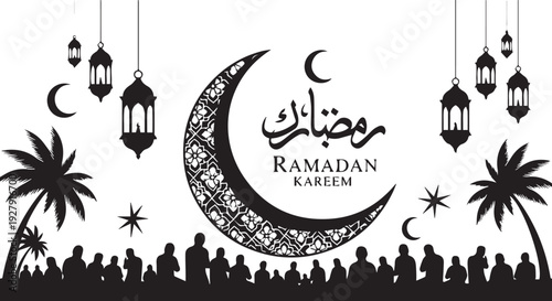 Ramadan Kareem Celebration Silhouette - Large Muslim Community Praying Under Crescent Moon with Decorative Lanterns and Palm Trees Vector
