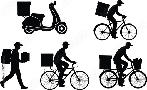 Black delivery silhouettes, scooter, bicycle, walking courier, urban transport, food delivery, logistics, shipping services, mobility, modern distribution methods
