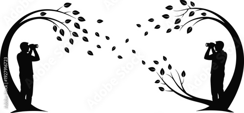 Photographer silhouette framed by heart shaped trees, creative nature photography concept illustration, romantic composition with leaves, minimal black vector design