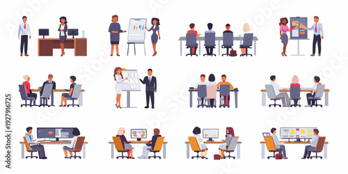 Diverse business people collaborating in various office meeting and work scenarios